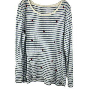 Talbots Plus Women's Top XL Stripe Pullover Shirt Blouse Blue White Red Apples